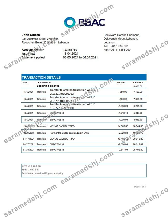 Lebanon BBAC Bank statement easy to fill template in .xls and .pdf file format